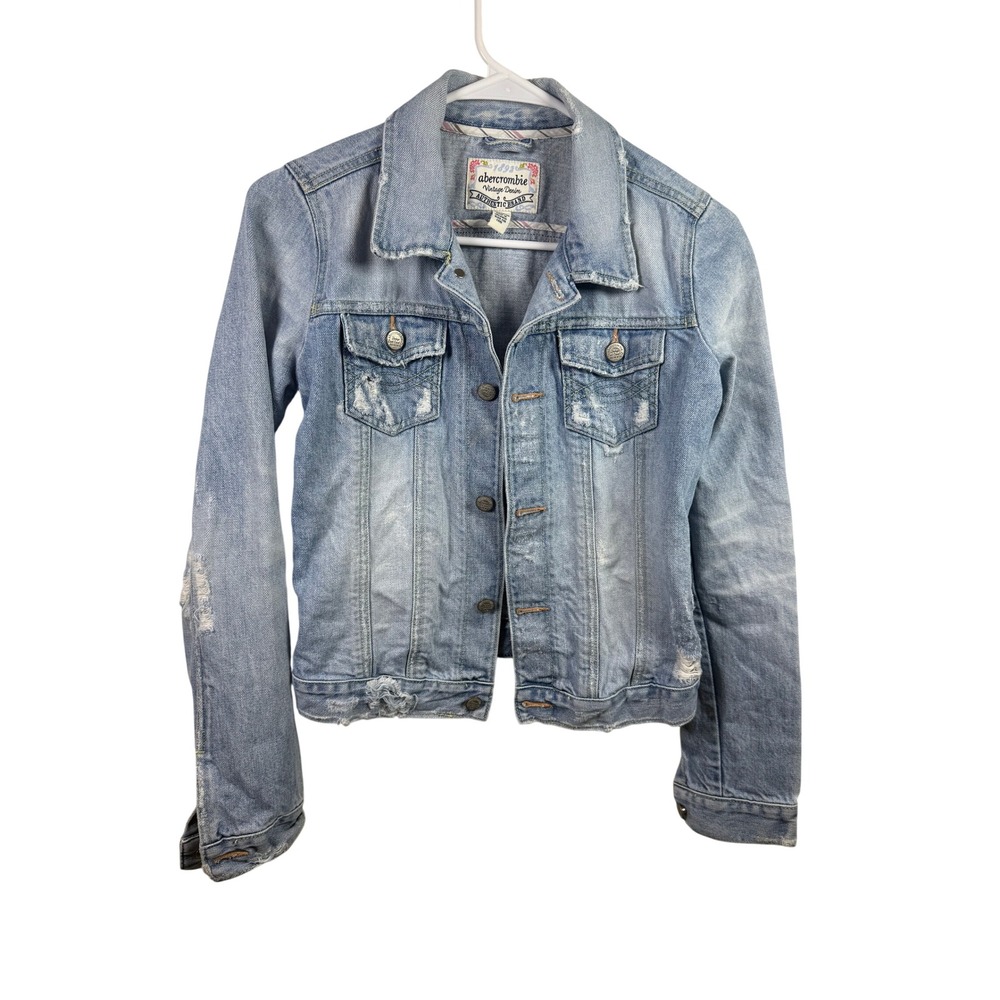 Abercrombie Kids Distressed Denim Trucker Jacket Light Wash Blue Girls L Y2K